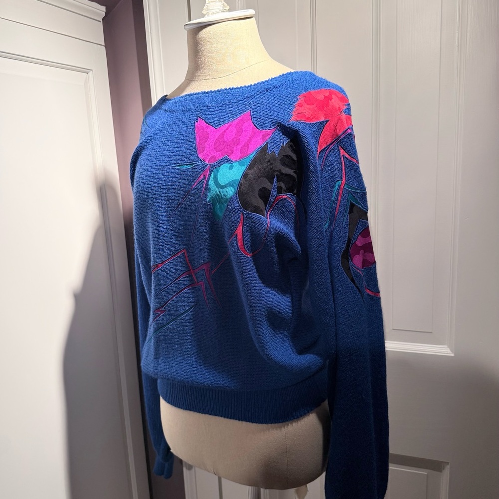 Vintage Blue Sweater with Colorful Abstract Design - Picture 2 of 5